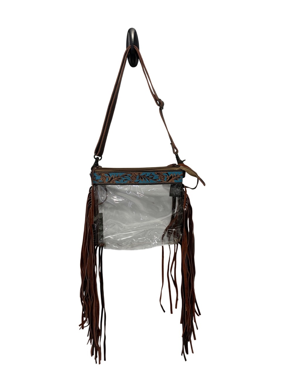 New Myra Clear Vintage Fringe Crossbody Bag with Turquoise Tooled Trim